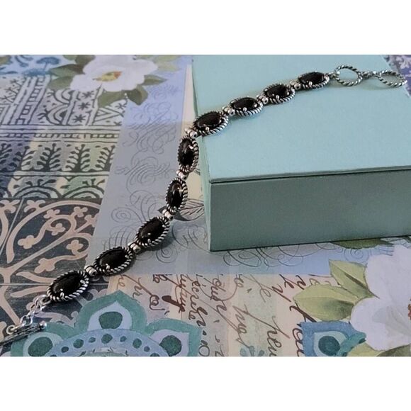 CAROLYN POLLACK Sterling Silver 9 Oval Genuine Onyx Reversible Link Bracelet - Picture 2 of 3